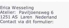 
Erica Wesseling
Atelier:  Paviljoensweg 6
1251 AS  Laren  Nederland 
Contact via dit formulier: 